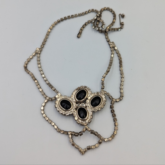 Black & Clear Rhinestones Necklace Silver Tone Vintage Statement Hook Clasp 16" - Picture 6 of 11